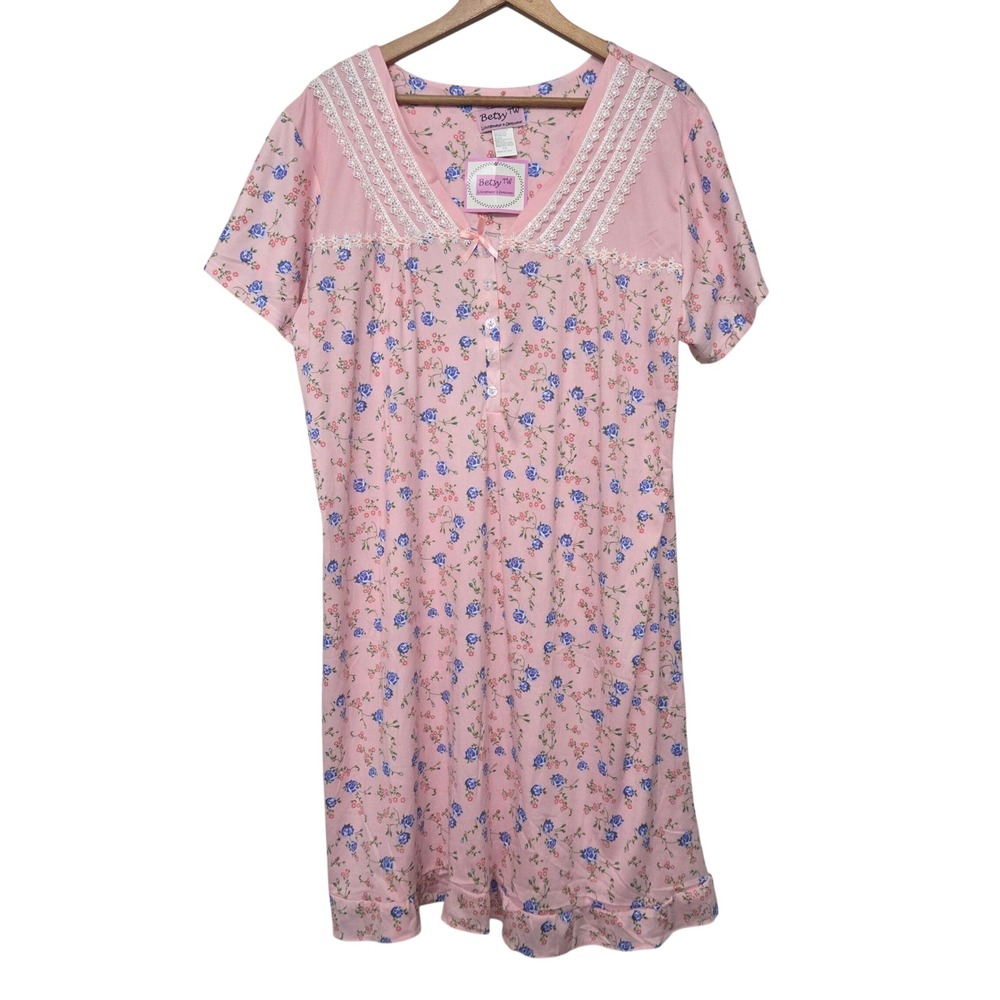Betsy TW Women Pink Floral Lace Trim Nightgown Sleep Dress Plus Size 1X NWT